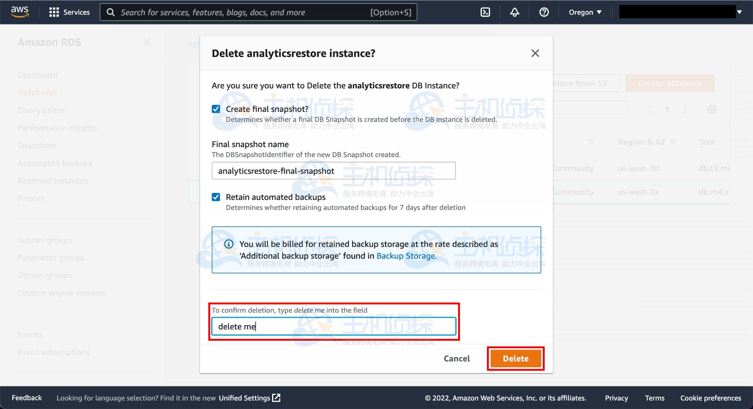 从备份还原Amazon RDS数据库