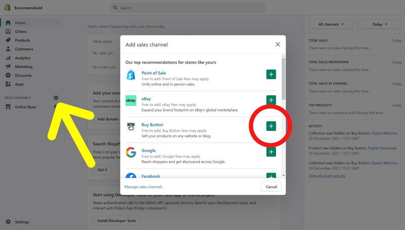 单击 Sales Channels 旁边的+图标