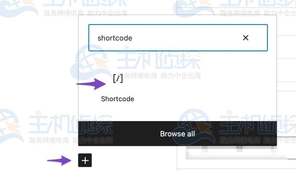 单击加号并添加一个 Shortcode 块