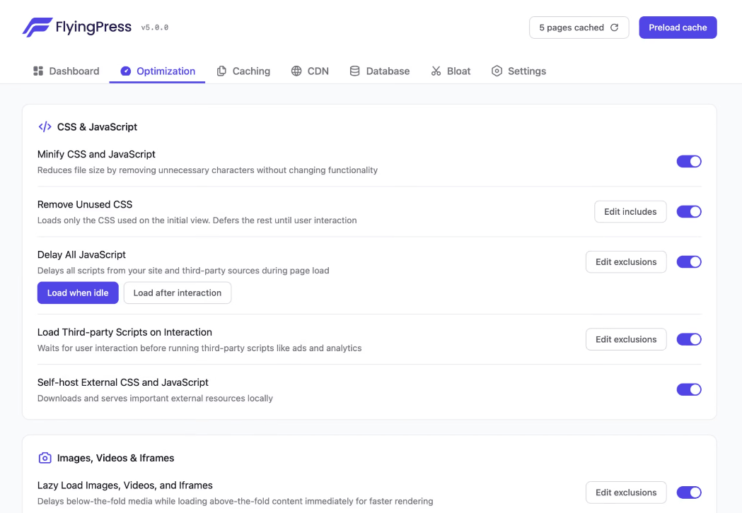 FlyingPress v5用户界面