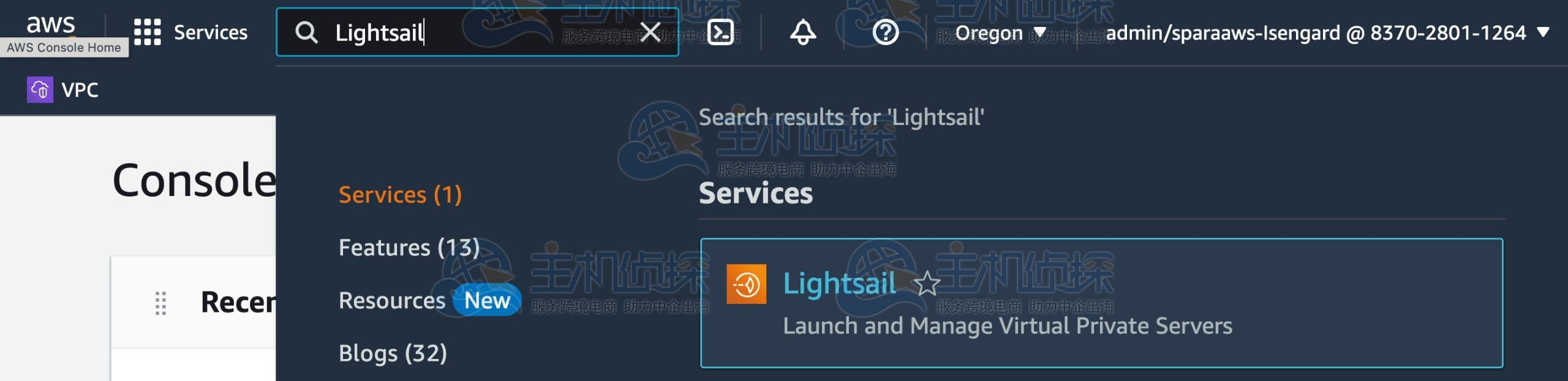 搜索栏查找Amazon Lightsail