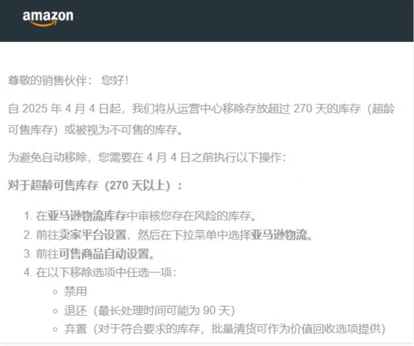 亚马逊超龄可售库存通知