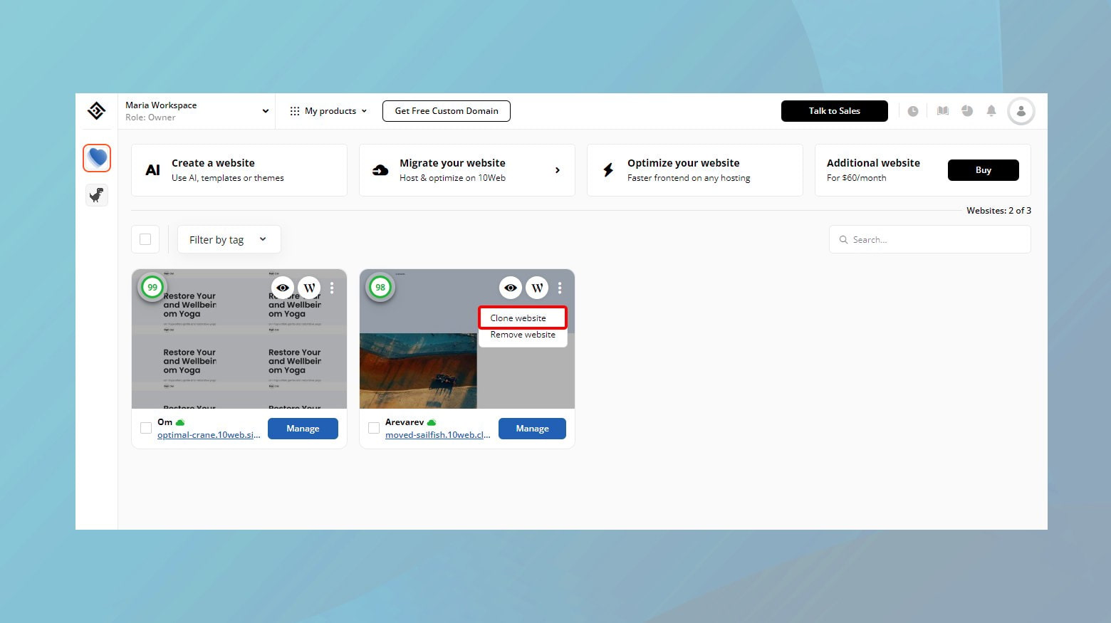 单击三个点并选择克隆网站