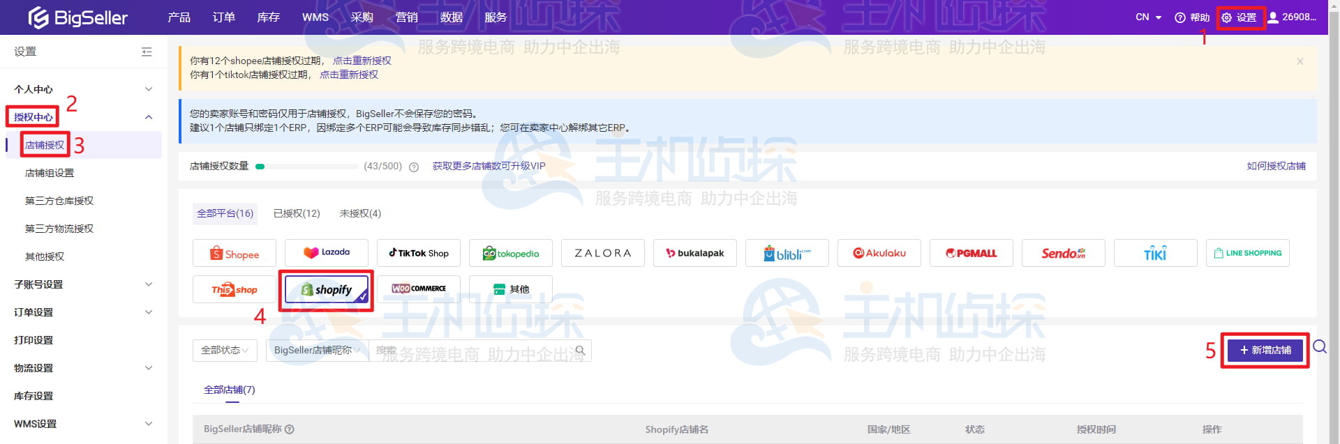BigSeller ERP账号授权页