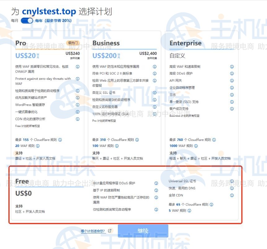 选择“Free”（免费）计划