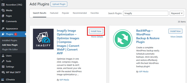 搜索Imagify然后点击安装