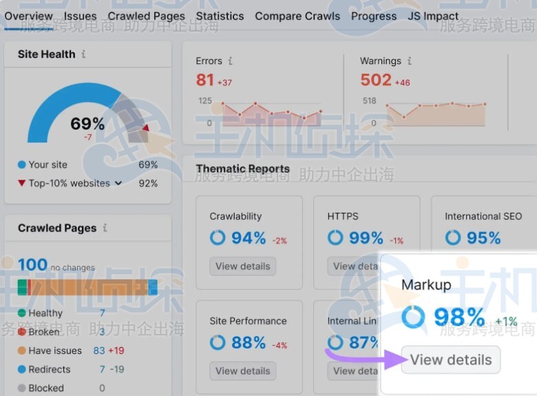 点击概述标记部分的查看详细信息按钮