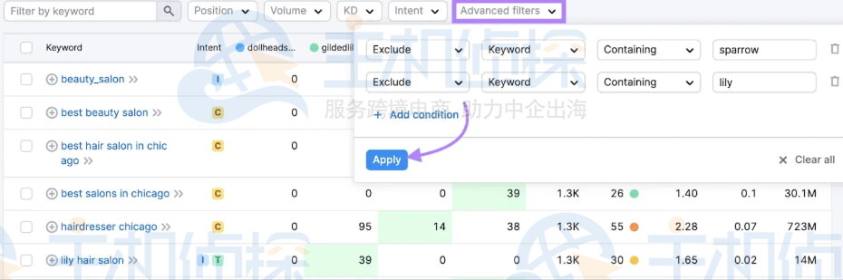 选择高级筛选排除不相关的关键词