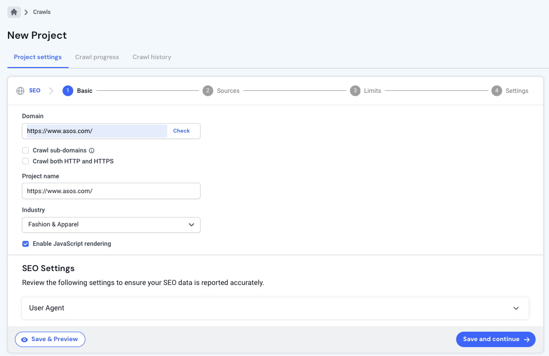 输入主要域名并命名项目