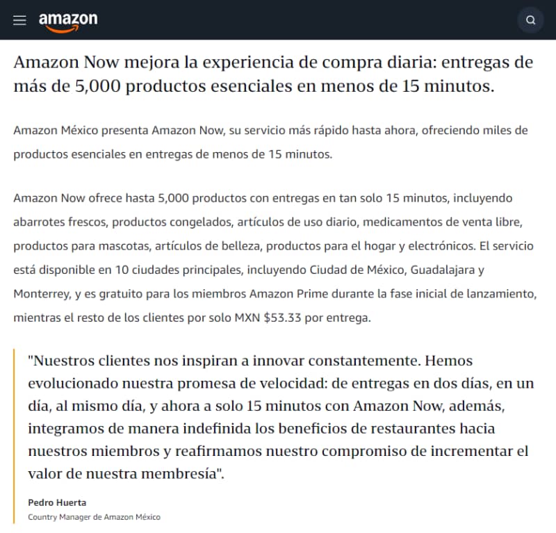 亚马逊在墨西哥上线即时配送服务Amazon Now