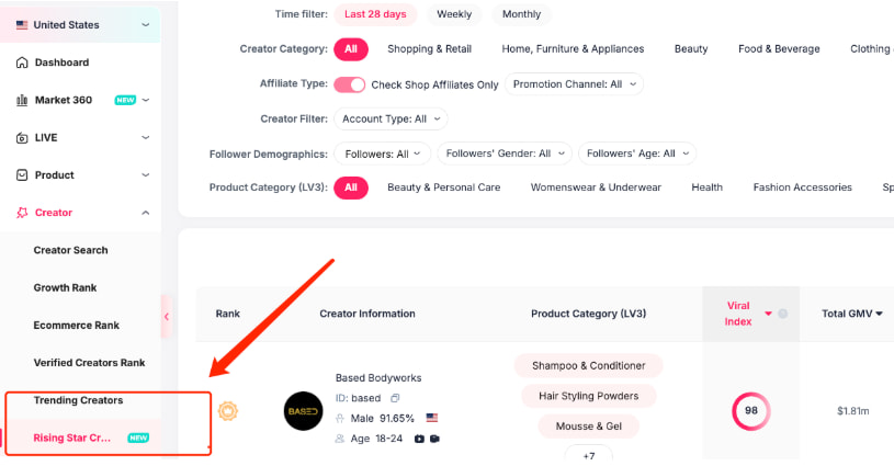 进入创作者的新星创作者排名