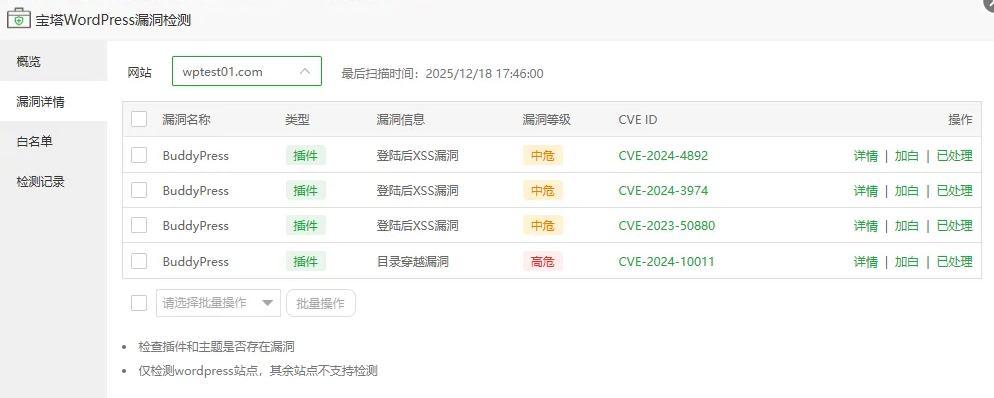 WordPress漏洞检测插件检测结果