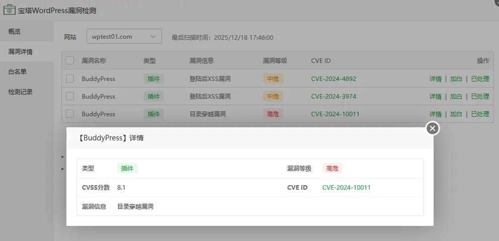WordPress漏洞检测插件检测结果