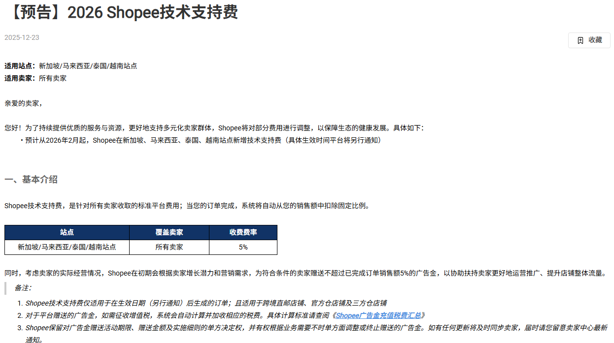 Shopee新马泰越四国征收5%技术支持费