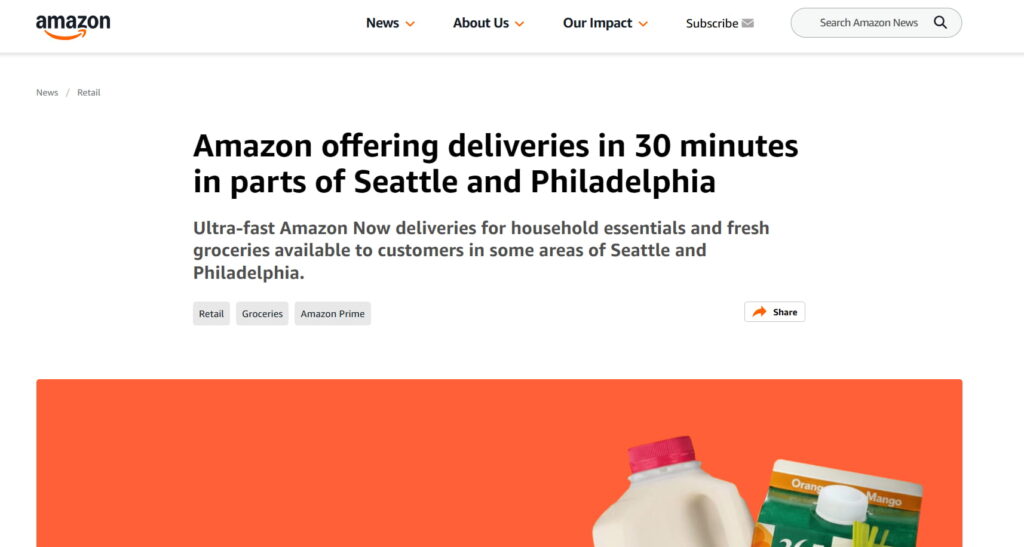 亚马逊推出30分钟极速送达服务