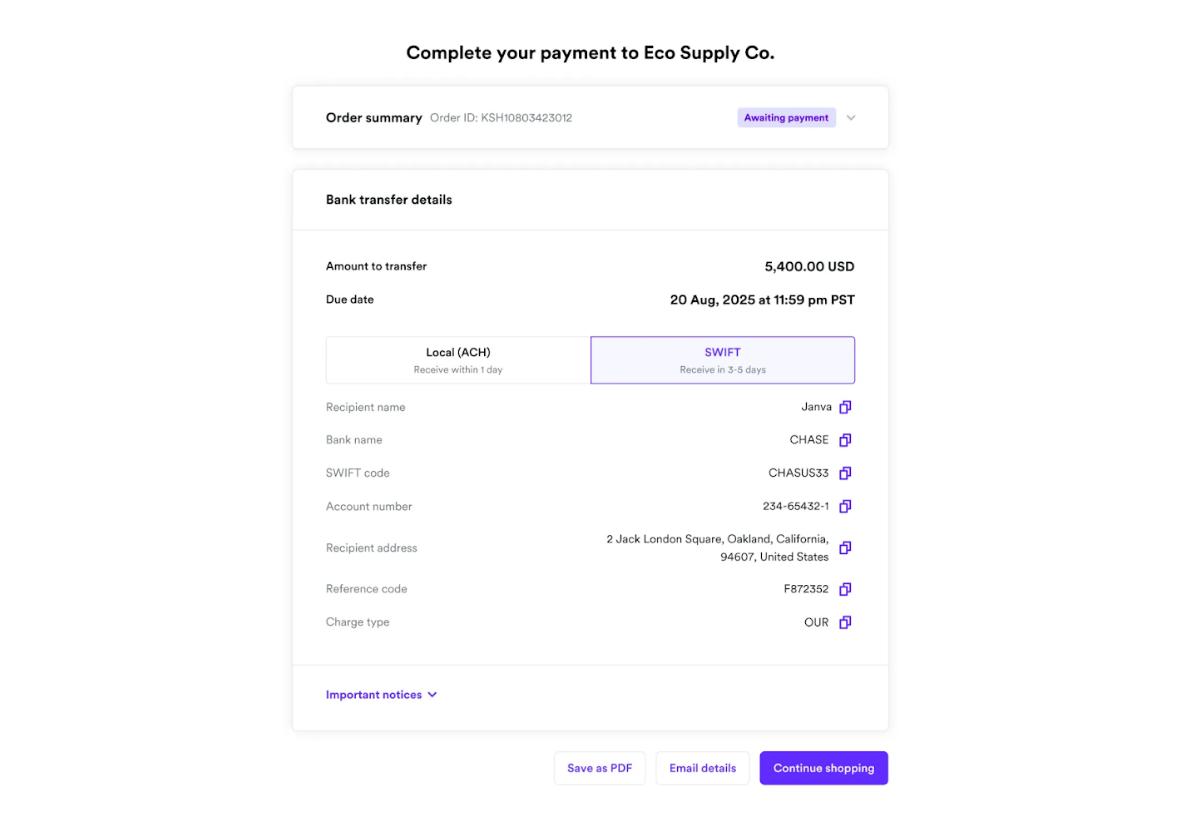 支持通过SWIFT接受全球银行转账