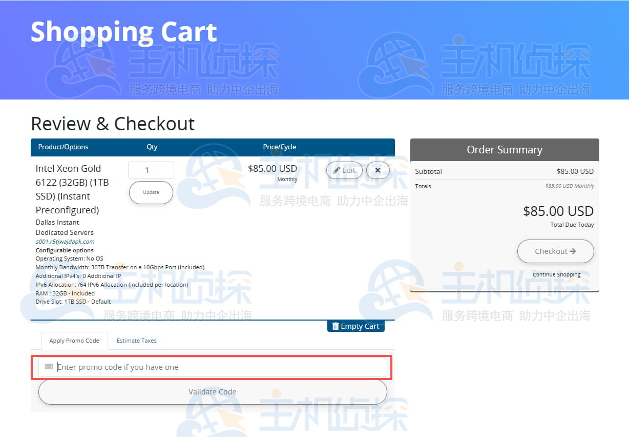 SpinServers优惠码输入框