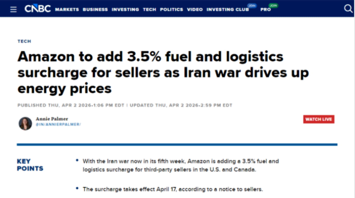 亚马逊将向第三方卖家征收3.5%燃油附加费