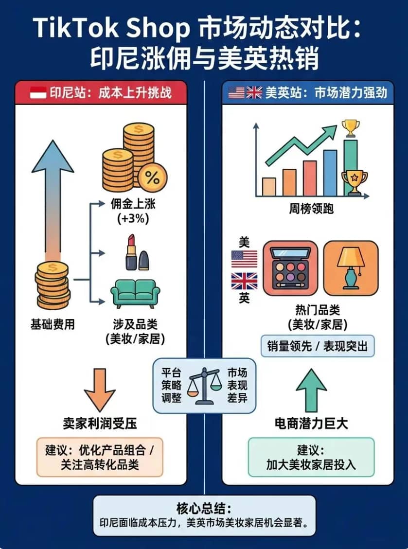 TikTok Shop印尼站佣金调整通知截图及美英周榜美妆家居品类排名
