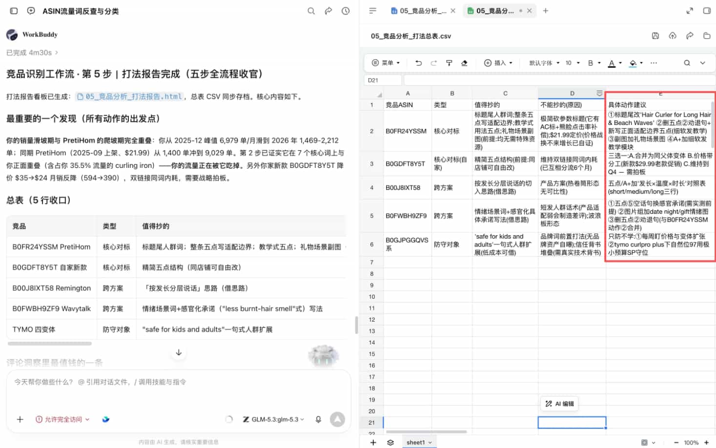 WorkBuddy把前面的发现整理成一份带落地建议的竞品分析报告